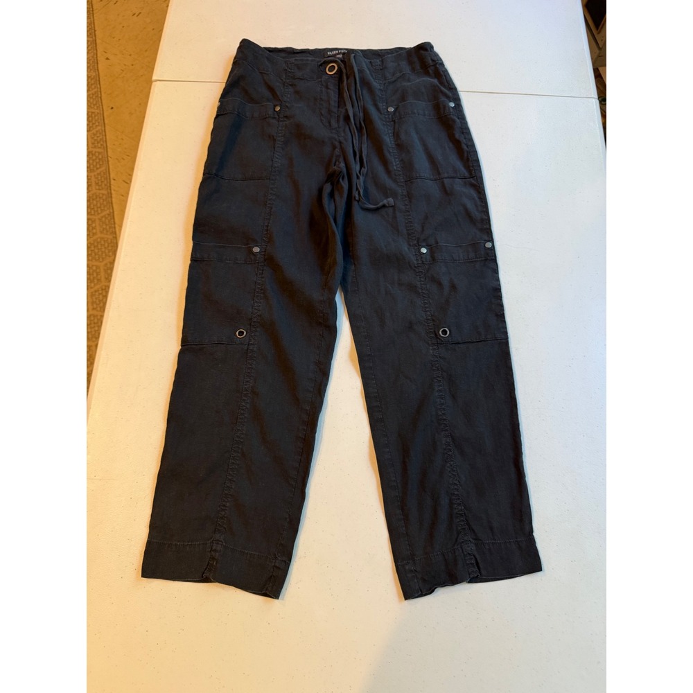 Eileen Fisher Linen Blend Cropped Utility Pants Womens 4 Black Draw Straight - Picture 2 of 11